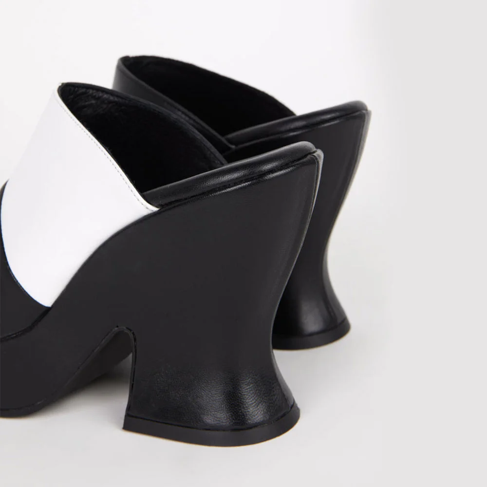 Black & White Round Toe Platform Wide Strap Mule Shoes for Women