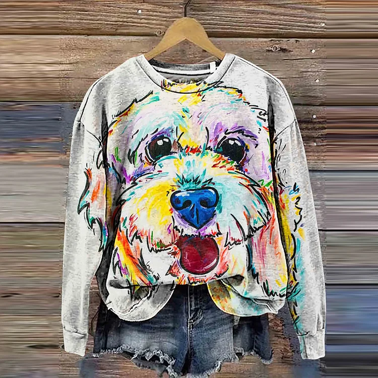 Colorful Pet Art Color Printed Crew Neck Pullover Sweatshirt
