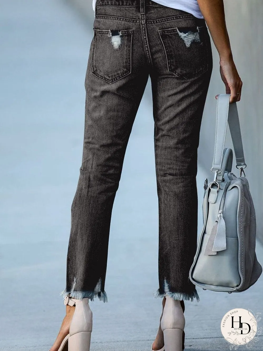 Retro Distressed Straight Leg Black Denim Jeans