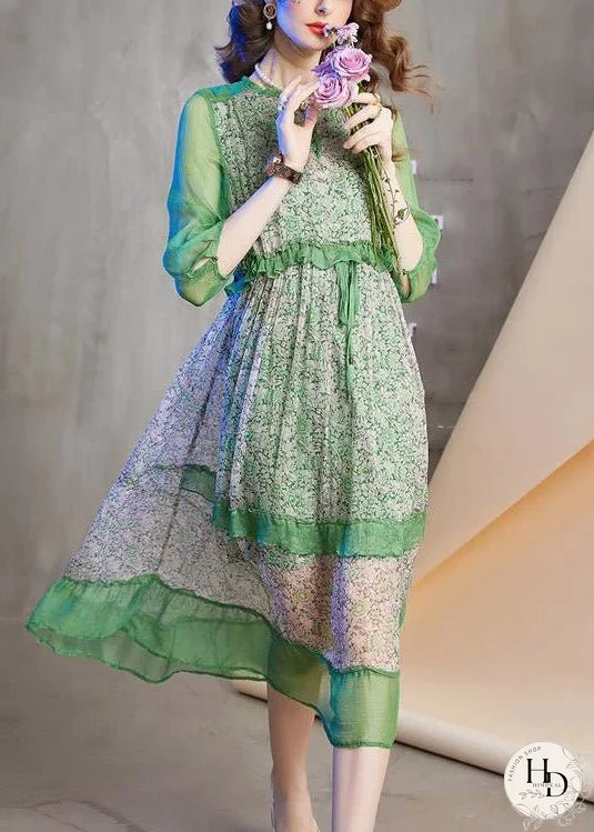 Novelty Green O-Neck Print Patchwork Ruffled Tie Waist Holiday Maxi Dress Summer