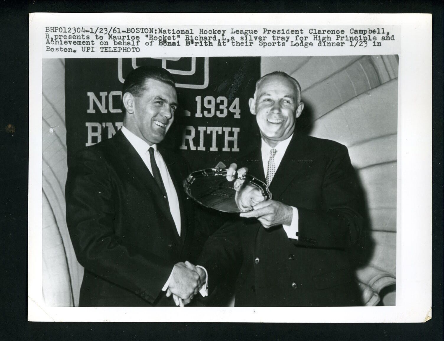 Maurice Richard Clarence Campbell B'nai B'rith Dinner 1961 Press Photo Poster painting Canadiens