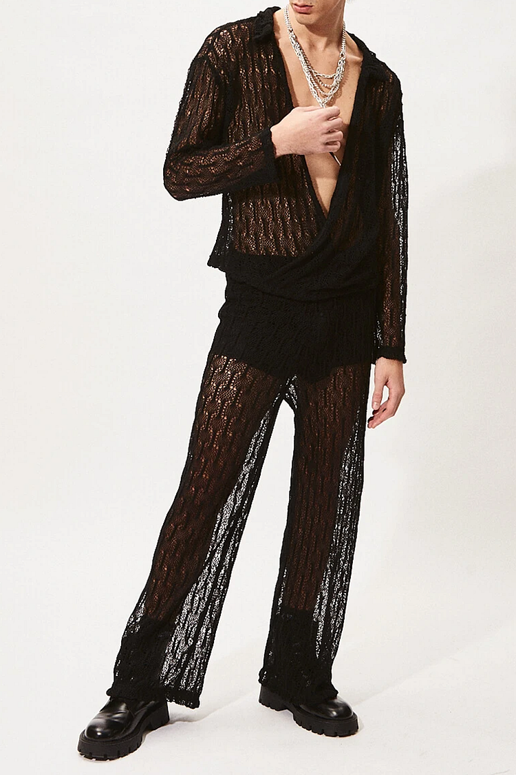 See Through Fishnet Hollow Out Deep V Neck Shirt Pants Two Piece Set [Pre-Order]