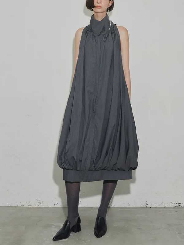 High Neck Sleeveless Solid Color Loose Midi Dress