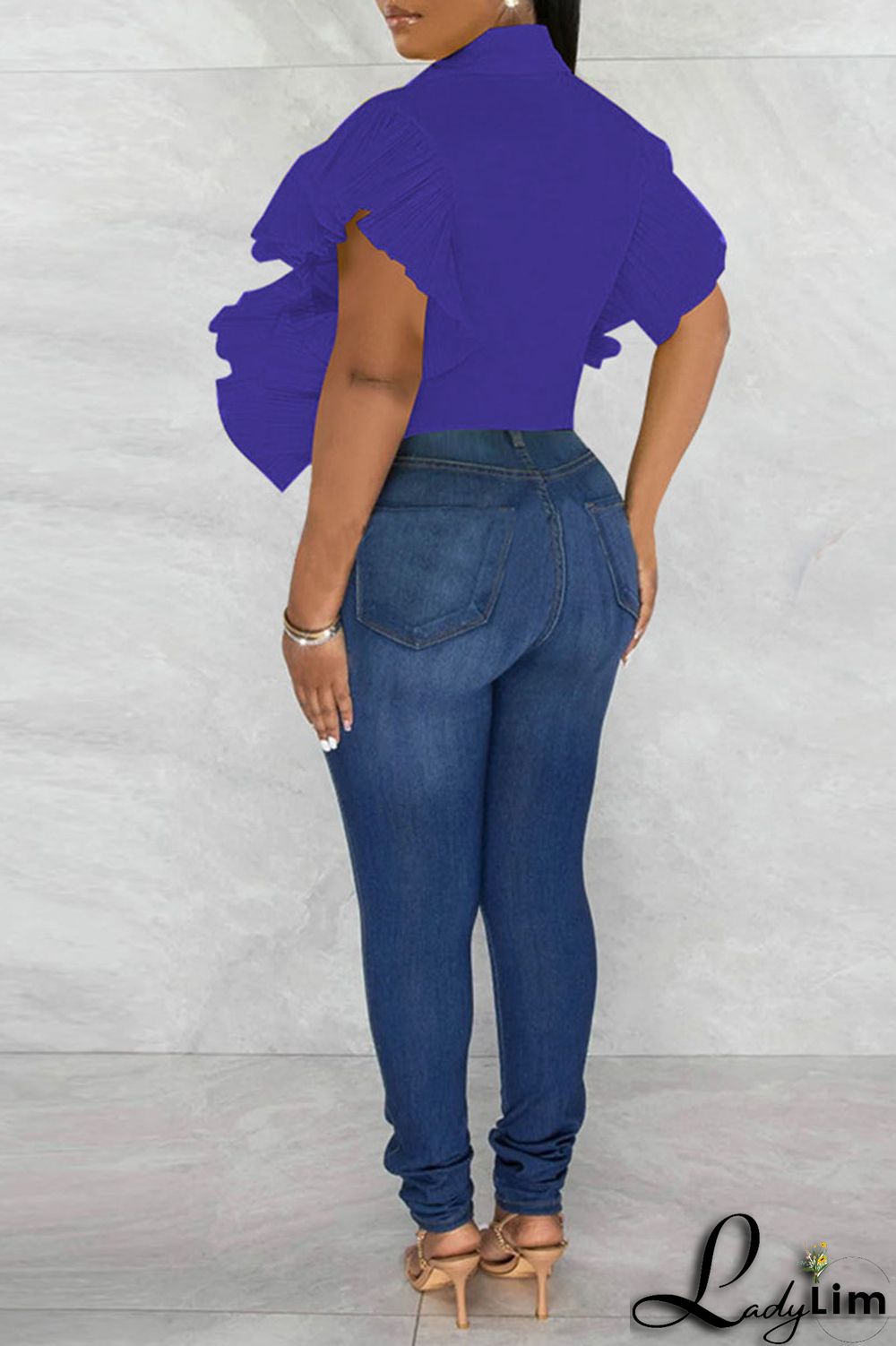 Rose Red Casual Solid Patchwork Buckle Flounce Turndown Collar Tops