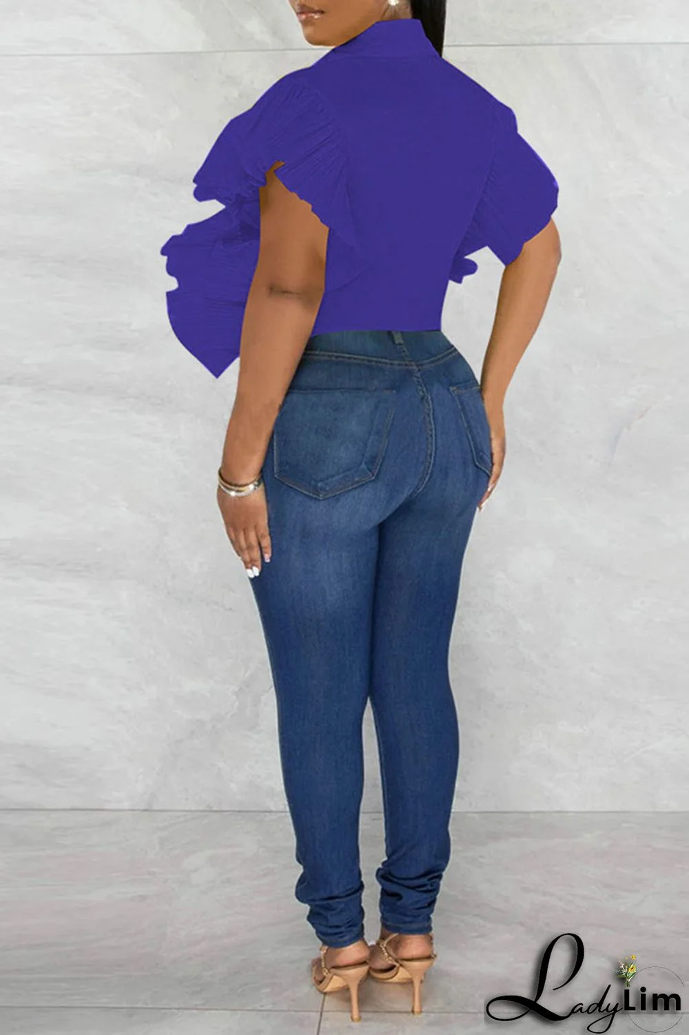 Rose Red Casual Solid Patchwork Buckle Flounce Turndown Collar Tops