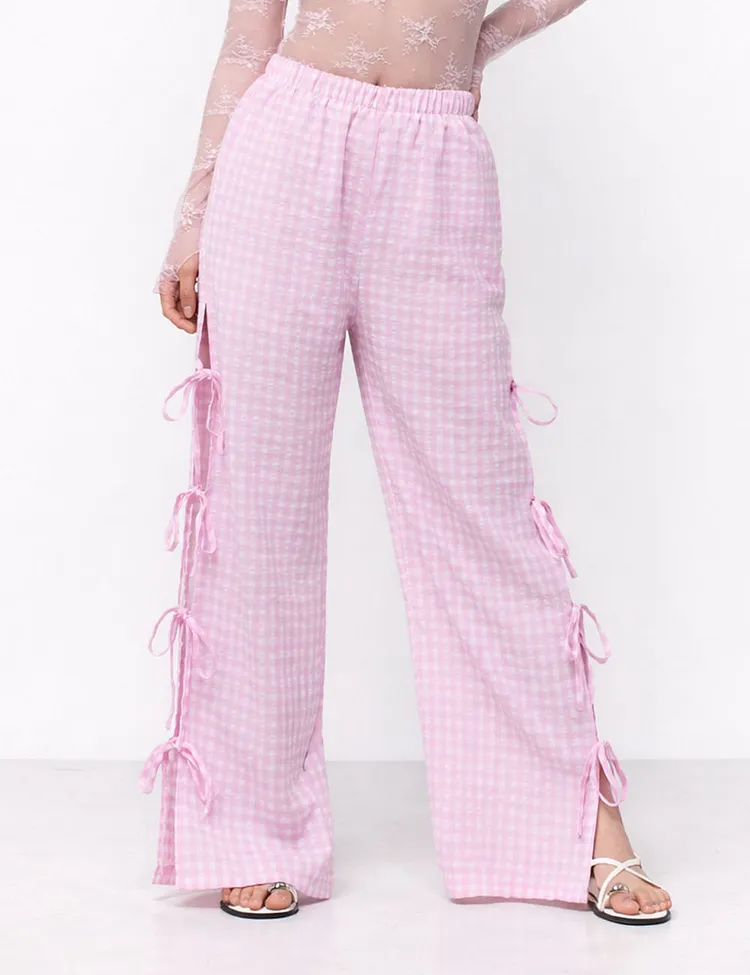 Ladies Gingham Elastic Waist Wide Leg Pants 60052