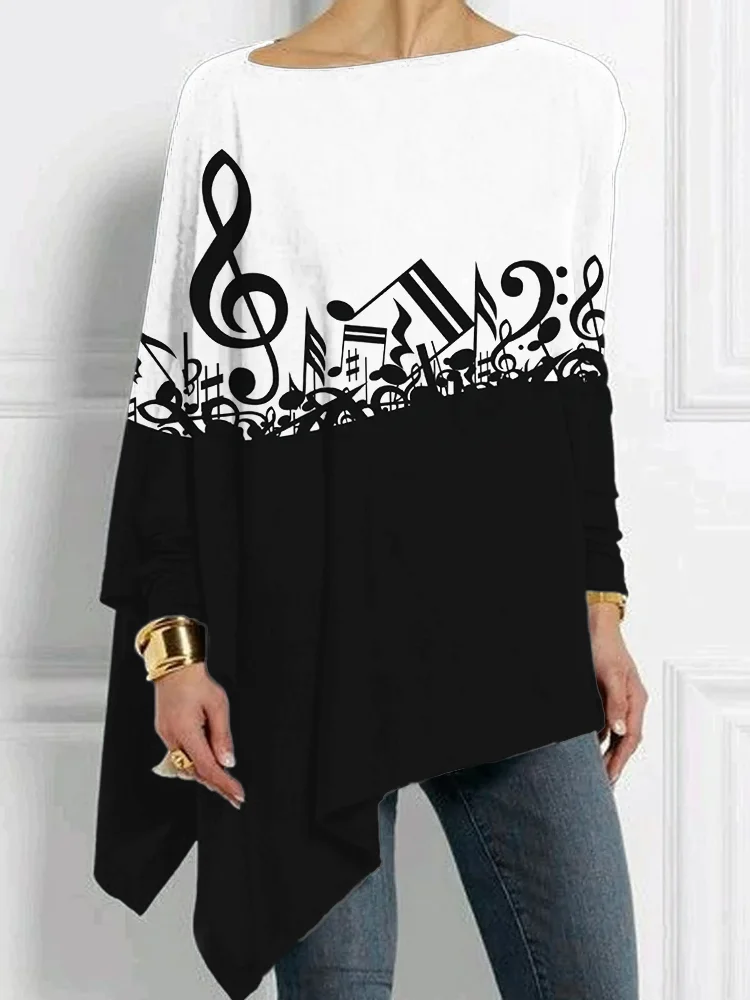 Jumbled Music Notes Contrast Bat Sleeve T Shirt