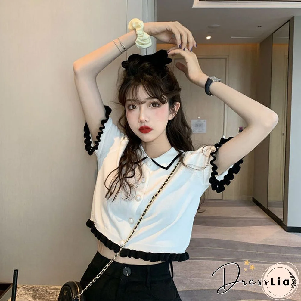 T-Shirt Women Retro Patchwork Lovely New Knitting Cropped Preppy Stylish Hot Sale Cozy Summer Feminine Minimalist Ulzzang Ins