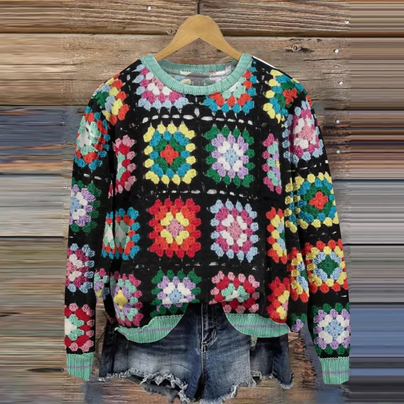 Retro Contrast Tapestry Jacquard Crew Neck Sweater