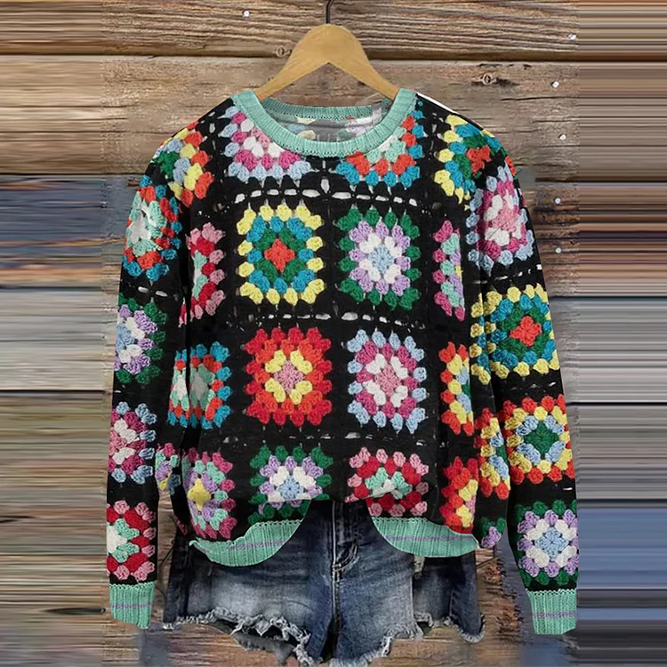 Retro Contrast Tapestry Jacquard Crew Neck Sweater
