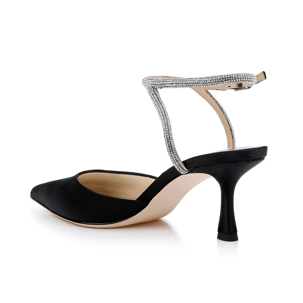 Pointed Toe Stiletto Heel Ankle Strap Black Pumps with Rhinestone