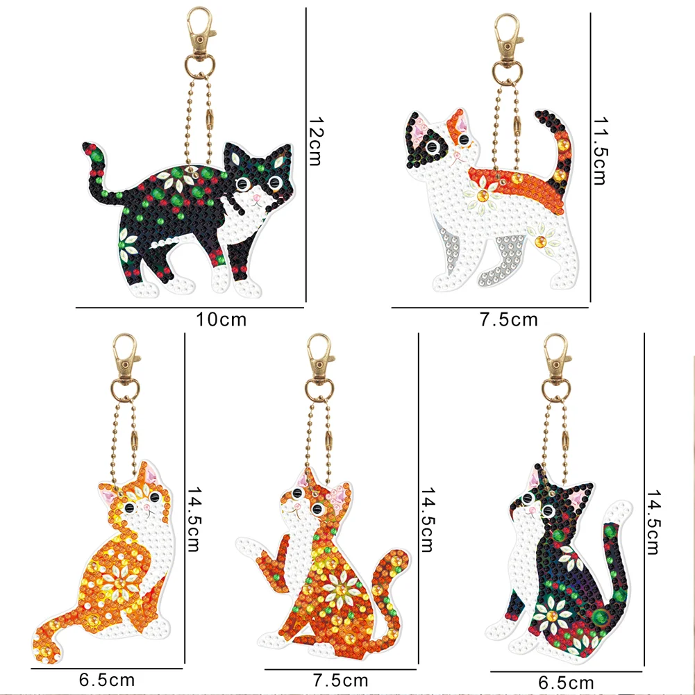 5pcs Diamond Painting Keyring Kits DIY Cat Keychain Bag Pendant(Double Sided)