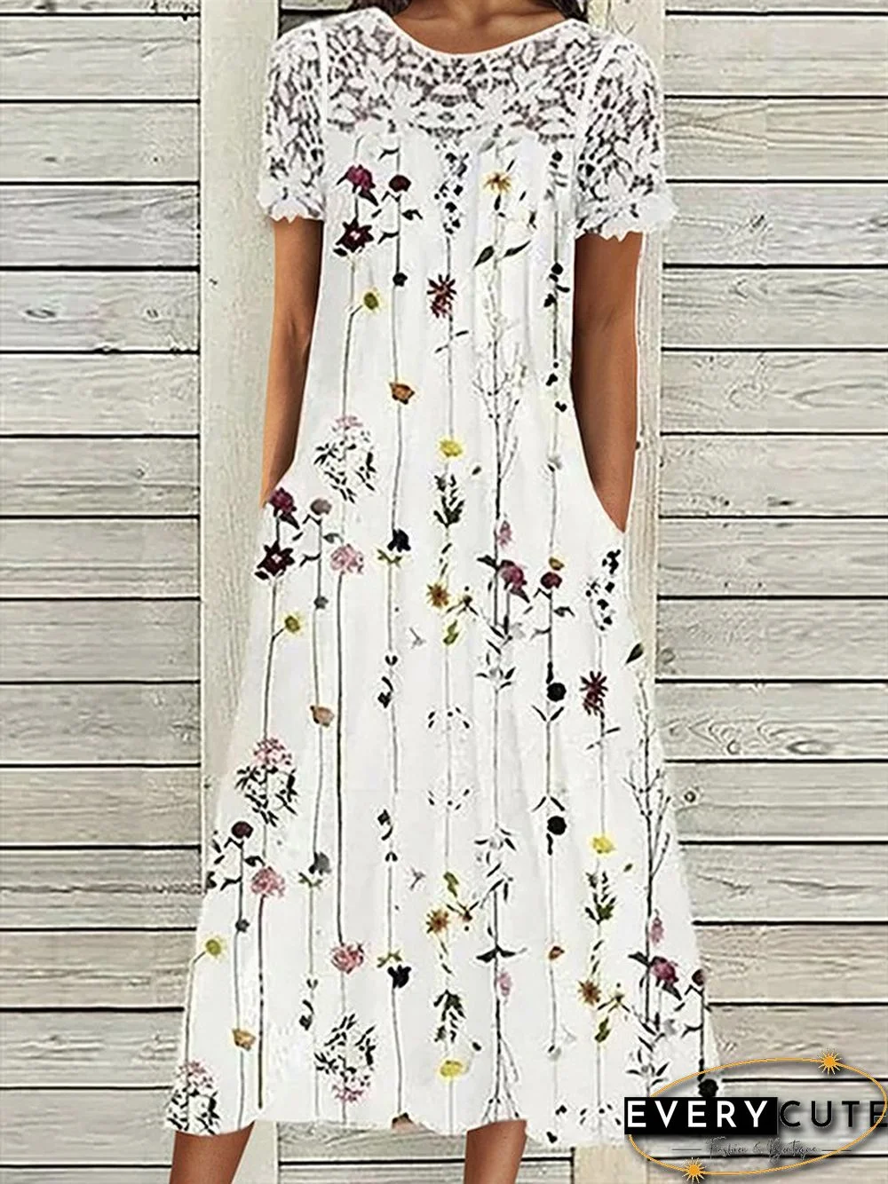 Lace Floral Short sleeve Crew Neck Casual Dresses