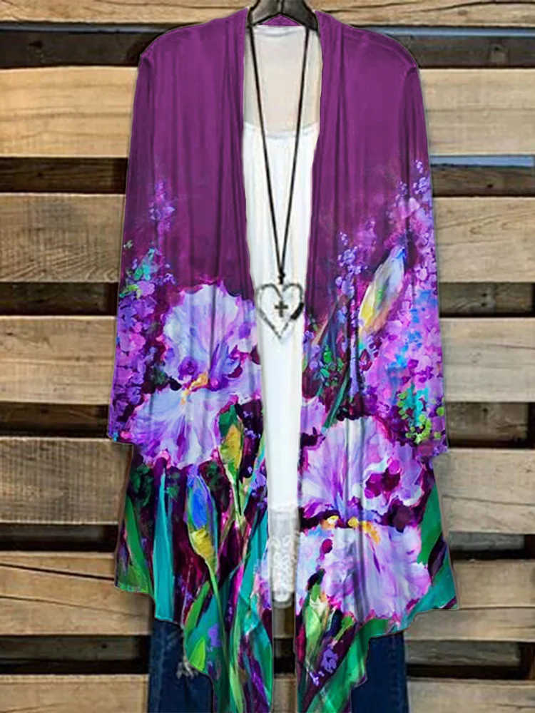 Purple Irises Art Flowy Kimono Cardigan