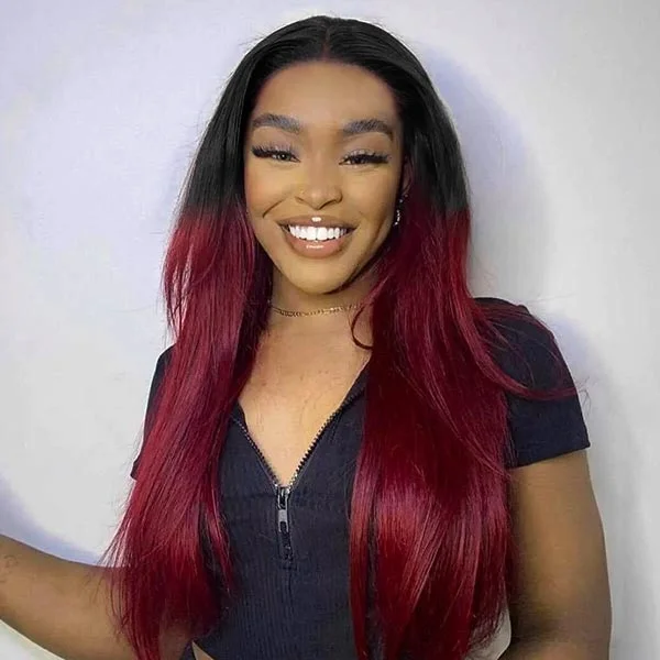 Junoda Hair 1B/99J Burgundy Red Dark Roots Straight Hair Lace Closure Wig