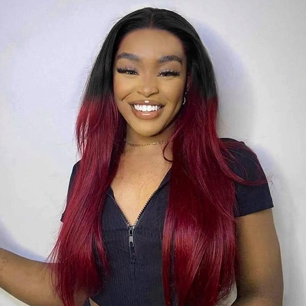 Junoda Hair 1B/99J Burgundy Red Dark Roots Straight Hair Lace Closure Wig