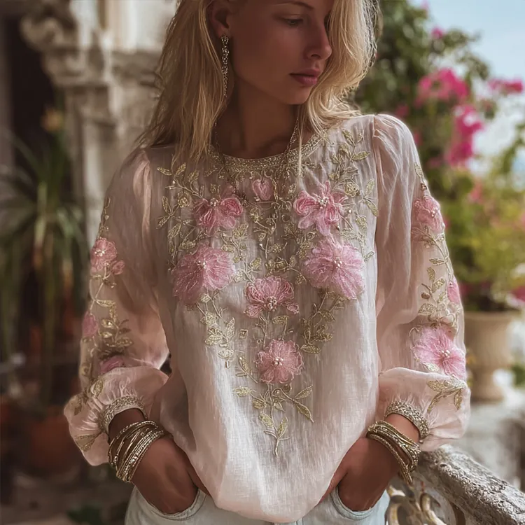 Women's Vintage Three-dimensional Flower Pattern Pink Long-sleeved Casual Top