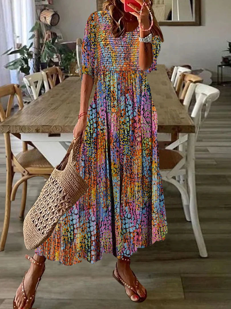 Women's Colorful Scoop Neck Half Sleeve Graphic Print Maxi Dress