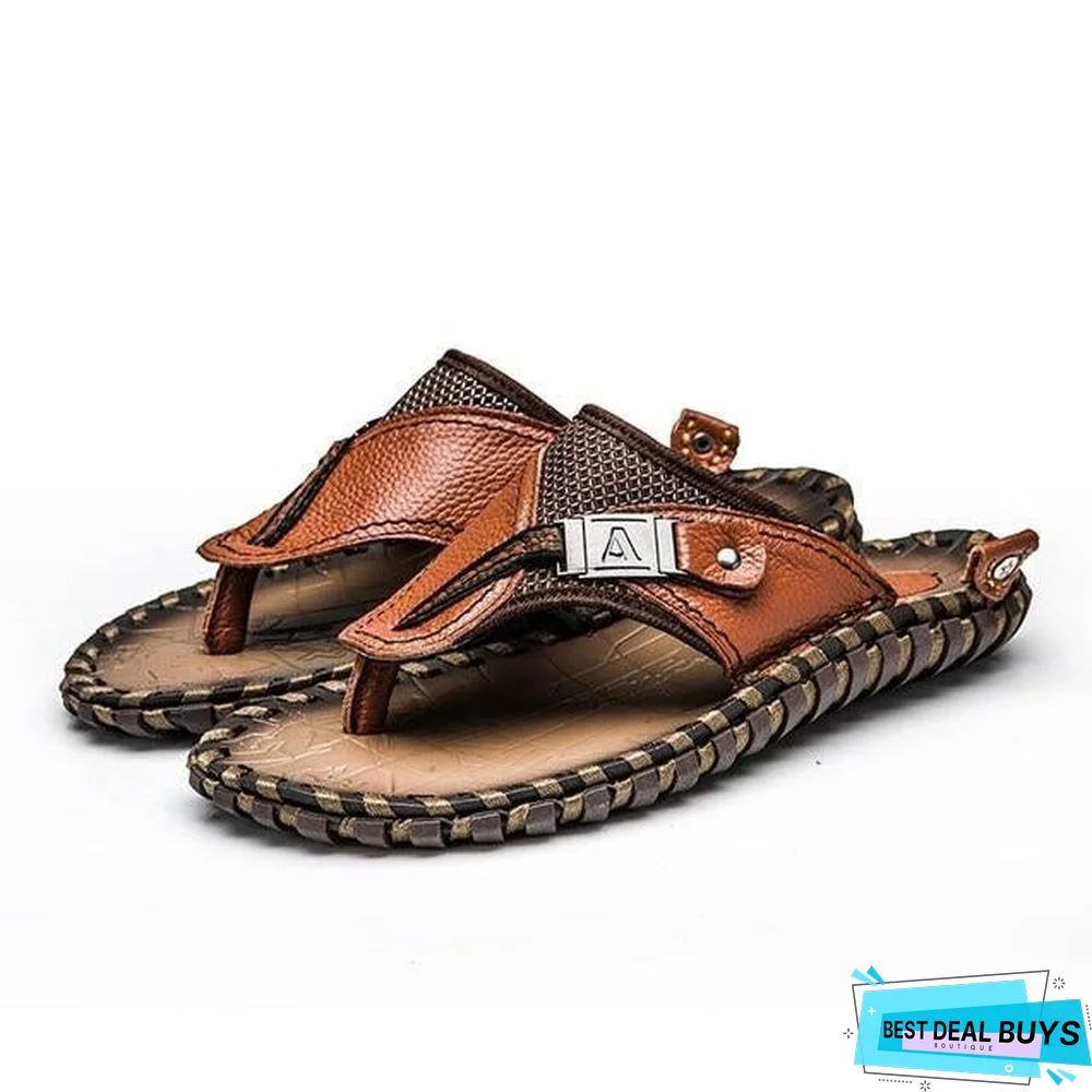 Men's Genuine Leather Sandals Flip Flops Breathable Slippers Plus Size