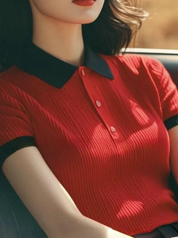 Athvotar Athvotar Splicing Bump Color Collar Knitting Shoulder Short-Sleeved T-Shirt Vertical Texture Thin Summer Women's Korean Top