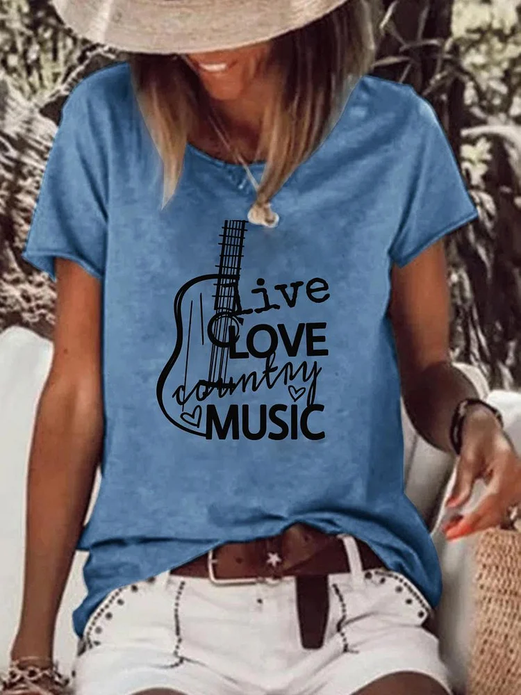 Live Love Country Music Retro Raw Hem Tee