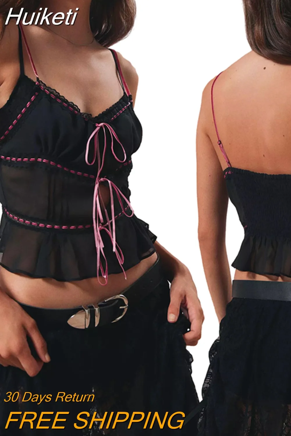 Huiketi Women’s Y2K Vintage Summer Sheer Mesh Cami Tops Lace Trim Adjustable Strap See Through V Neck Elastic Back Crop Tops