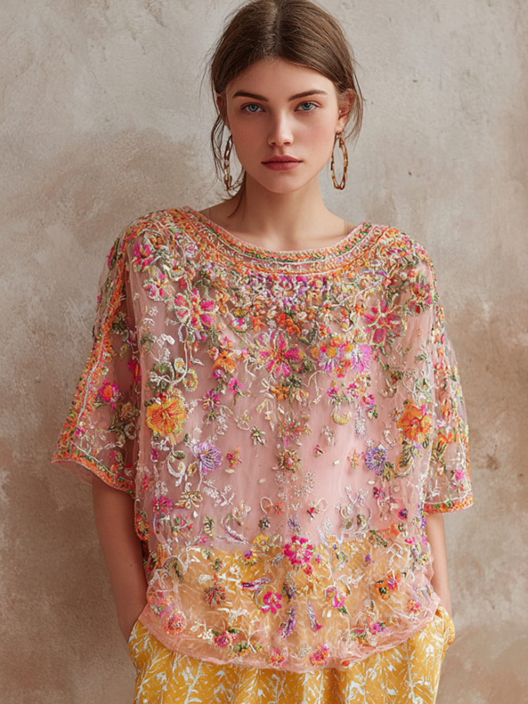 Vintage Romantic Floral Embroidery Art Round Neck Linen Blend Short Sleeve Top elevenforest