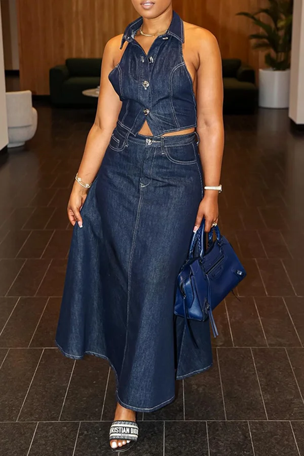 Casual Backless Washed Denim Skirt Two-piece Set