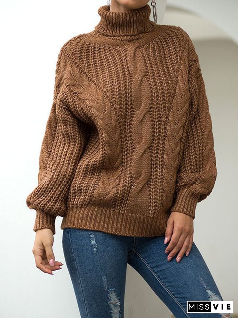 Women's Fashion Slouchy Cable Knit High Neck Pullover Sweater