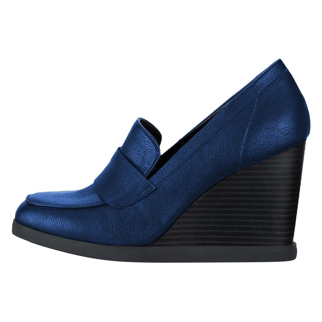 Women's Casual Blue Round Toe Wedge High Heel Platform Loafers