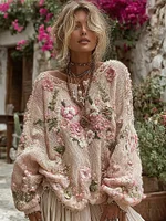 Women's Boho Floral Chunky Knit Crew Neck Sweater