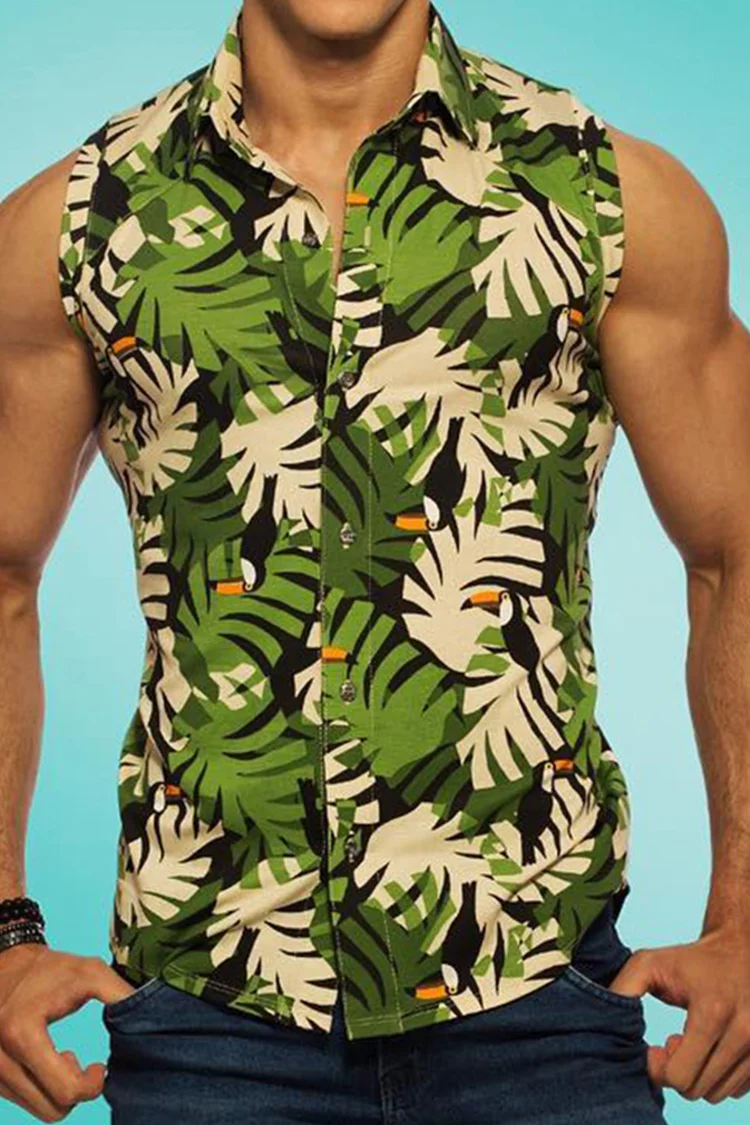 Tiboyz Men's Botanical Print Fashion Sleeveless Shirt