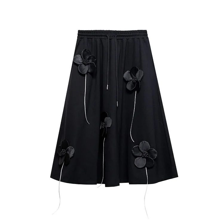 Modern Solid Color Splicing Three-dimensional Flowers Decor Elastic Waist Lacing Skirt              