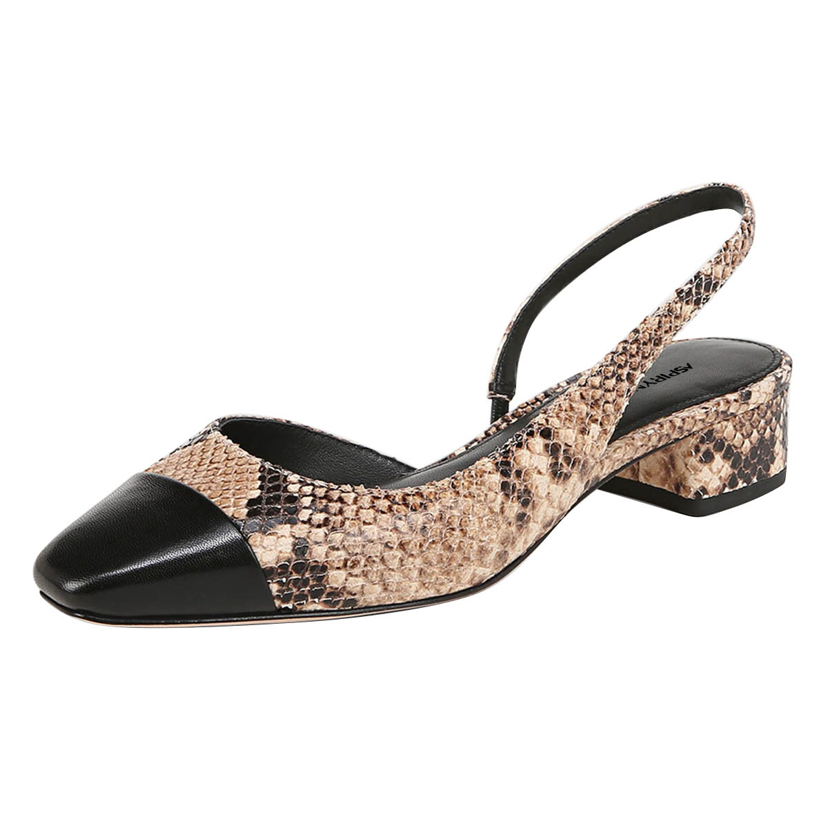 Tan & Black Snakeskin Embossed Cap Toe Block Heel Slingback Pumps Nicepairs