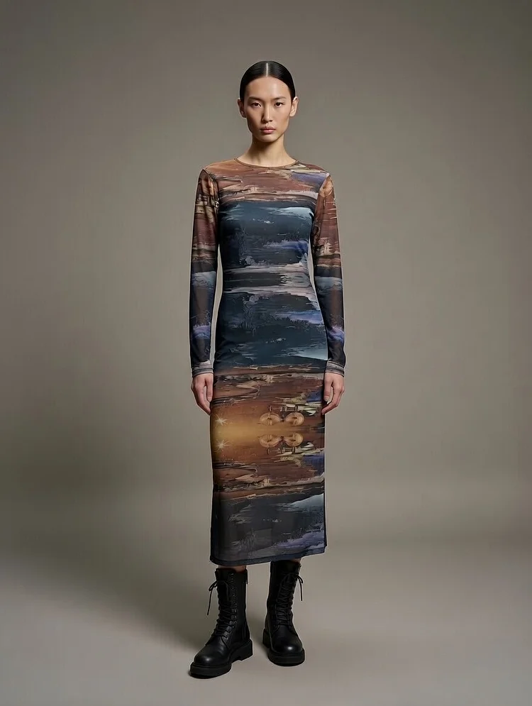 HYPERSOMNIAZZZZ Printed Mesh Dress - 15 Recycled Water Bottles - Copper