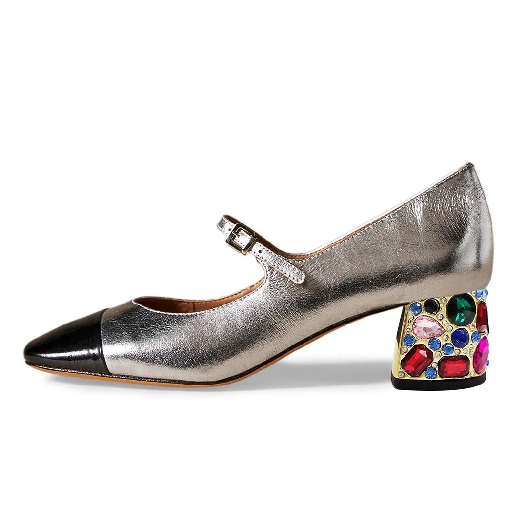 Silver Vegan Leather Metallic Touch Square Toe Strap Mary Janes