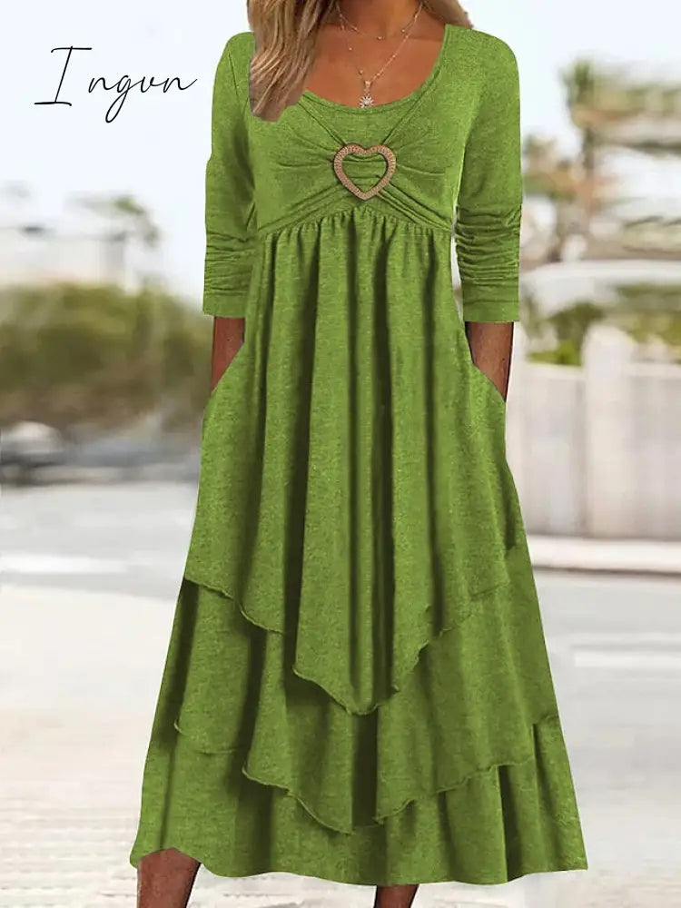 Ingvn - Women’s Casual Dress Swing Midi Green Light Grey Dark Gray Long Sleeve Pure Color Ruched