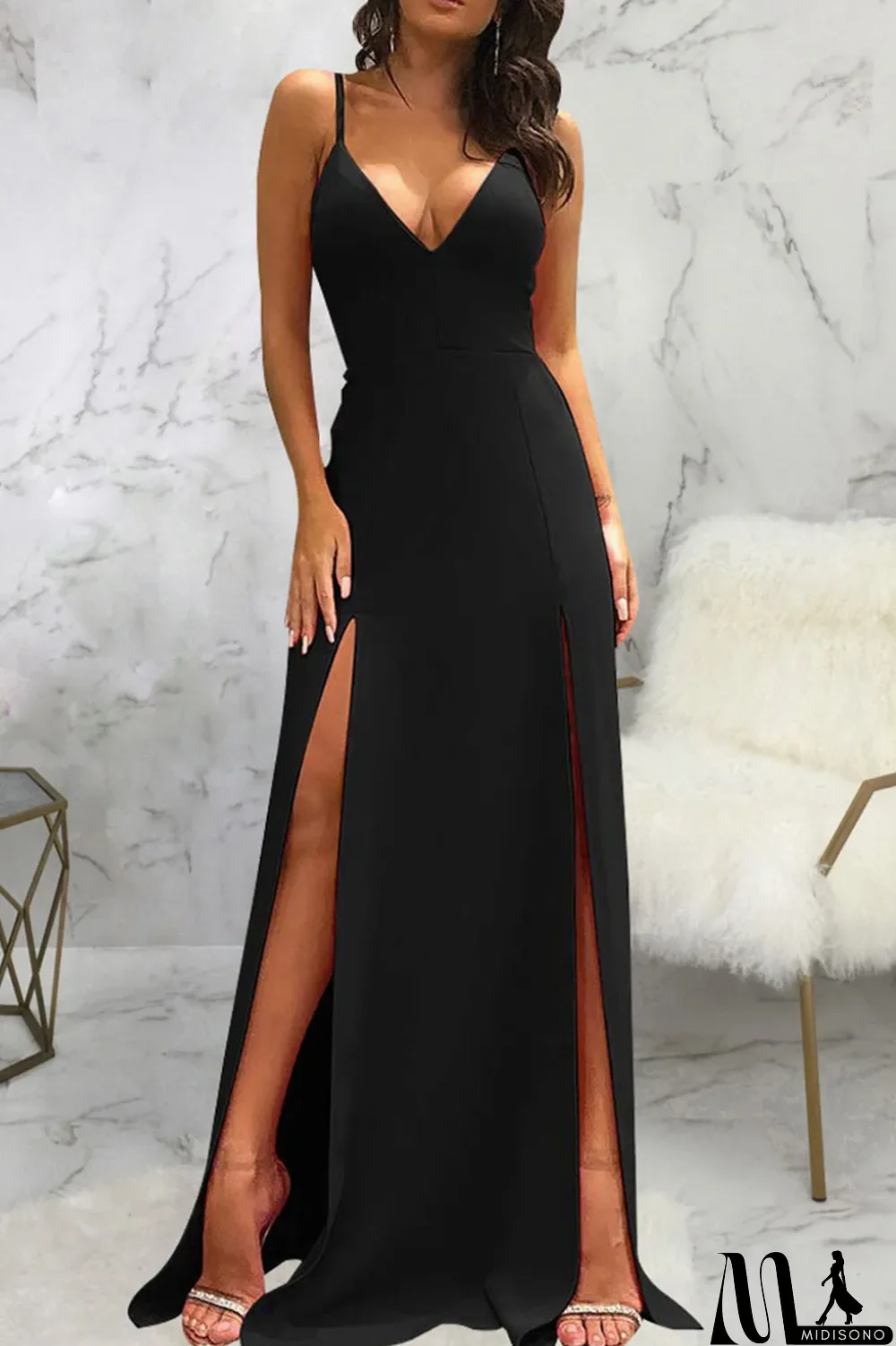 MidiSono - Black Sexy Solid Patchwork Slit Spaghetti Strap Sling Dress Dresses