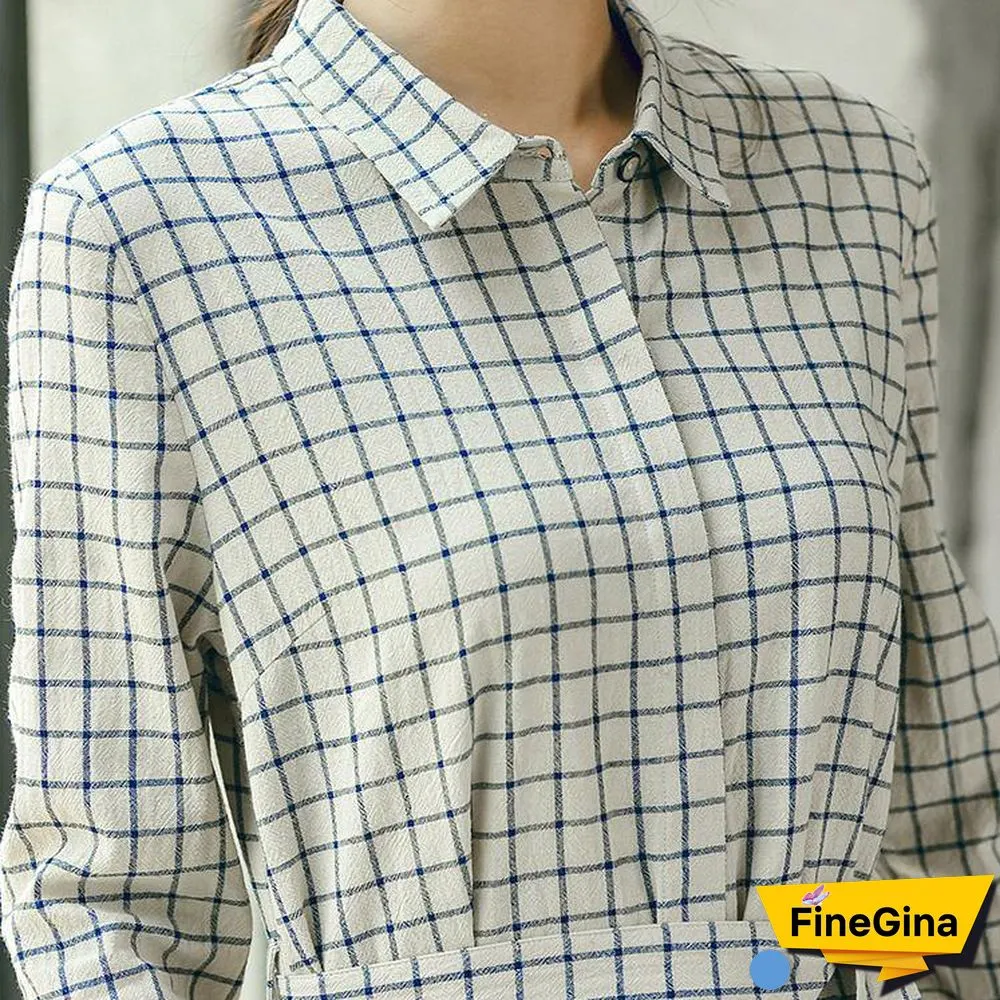 2018 Plaid fall casual linen dress baggy turn-down Collar linen dress