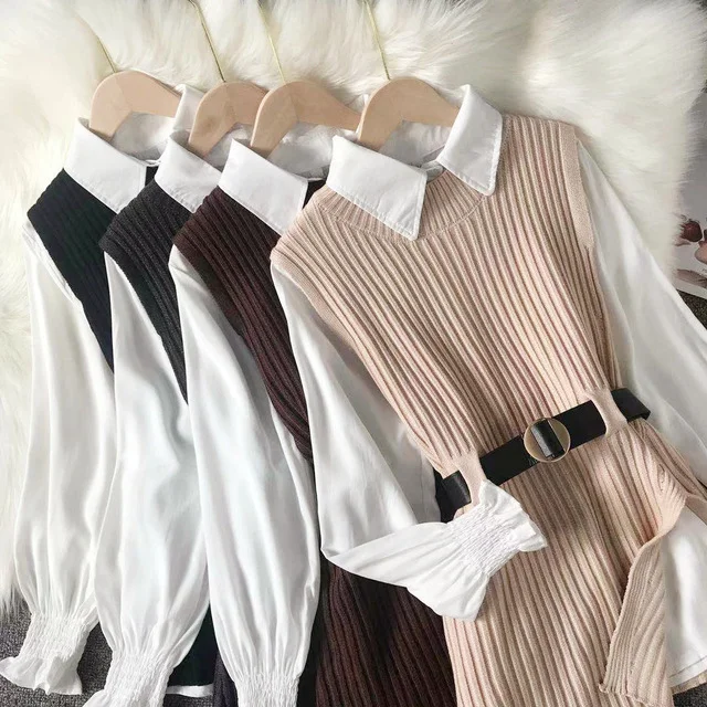 Churchf Churchf Design Sense Slit Knit Vest Shirt Foreign Style Reduced Age Two Suit Spring New White Shirt Jacket Female