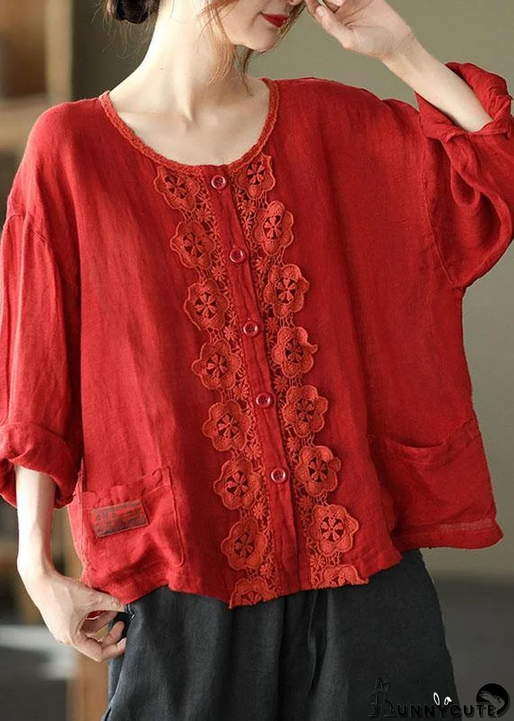 Modern Red Hollow Out Embroideried Pockets Fall Long Sleeve Shirt Tops