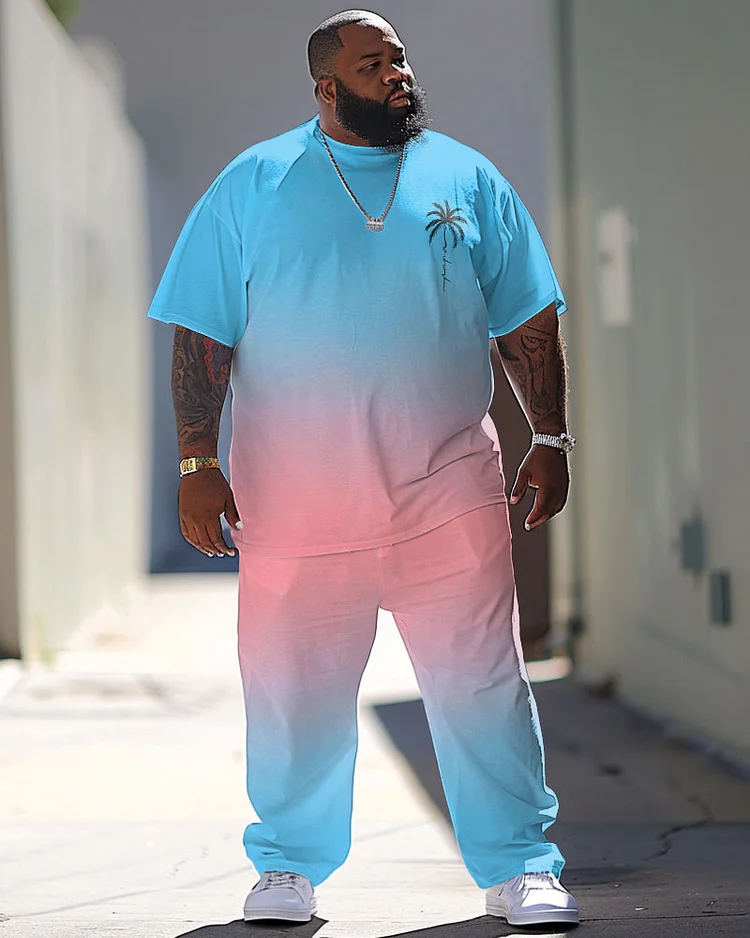 Men's Plus Size Hawaiian Gradient Coconut Tree Print T-Shirt Pants Suit