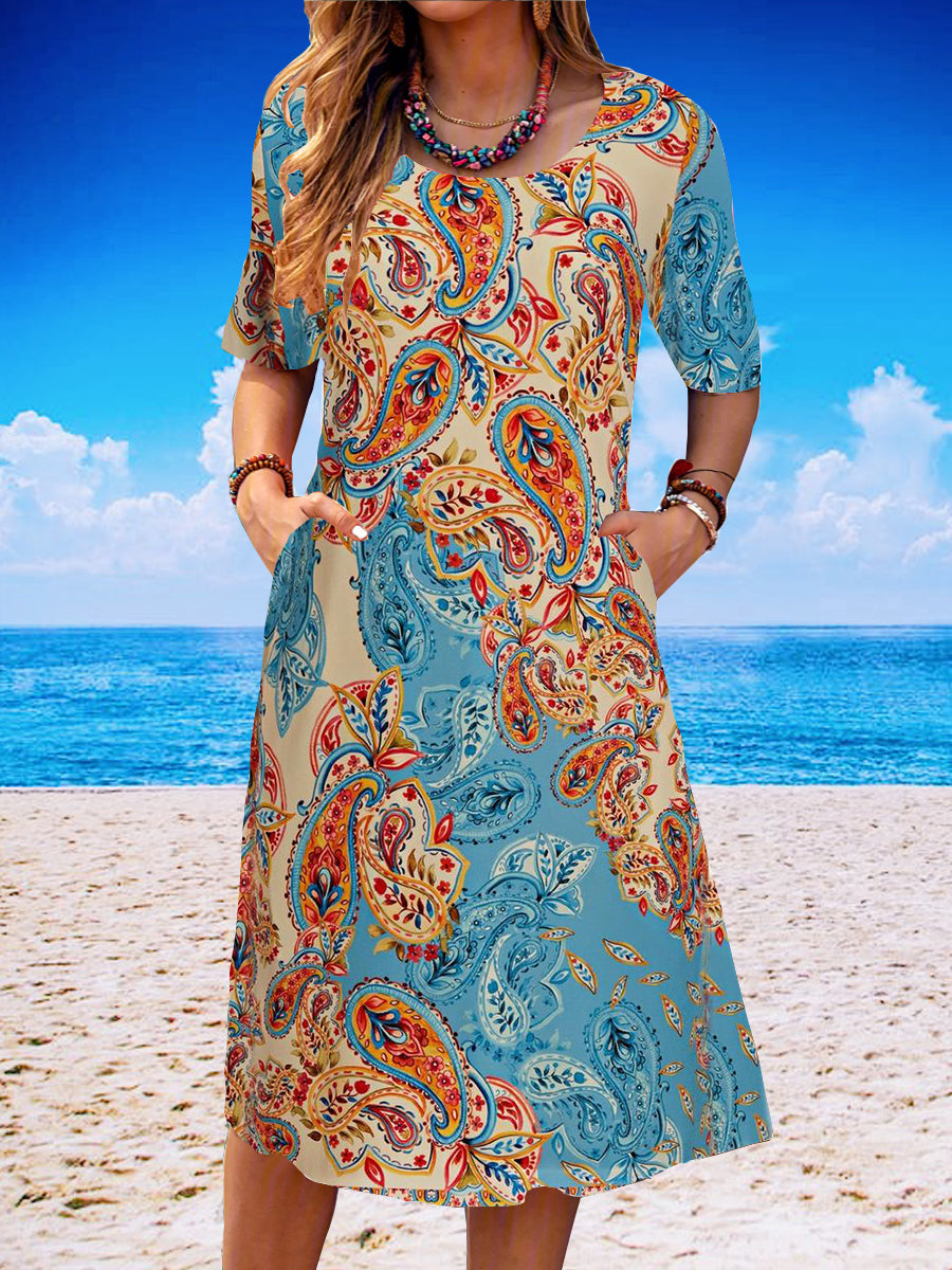 Women Casual Short Sleeve Scoop Neck Floral Printed Midi Dress