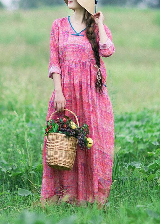 VCSHOES Rose Print Clothes Women V Neck Patchwork Maxi Spring Dress