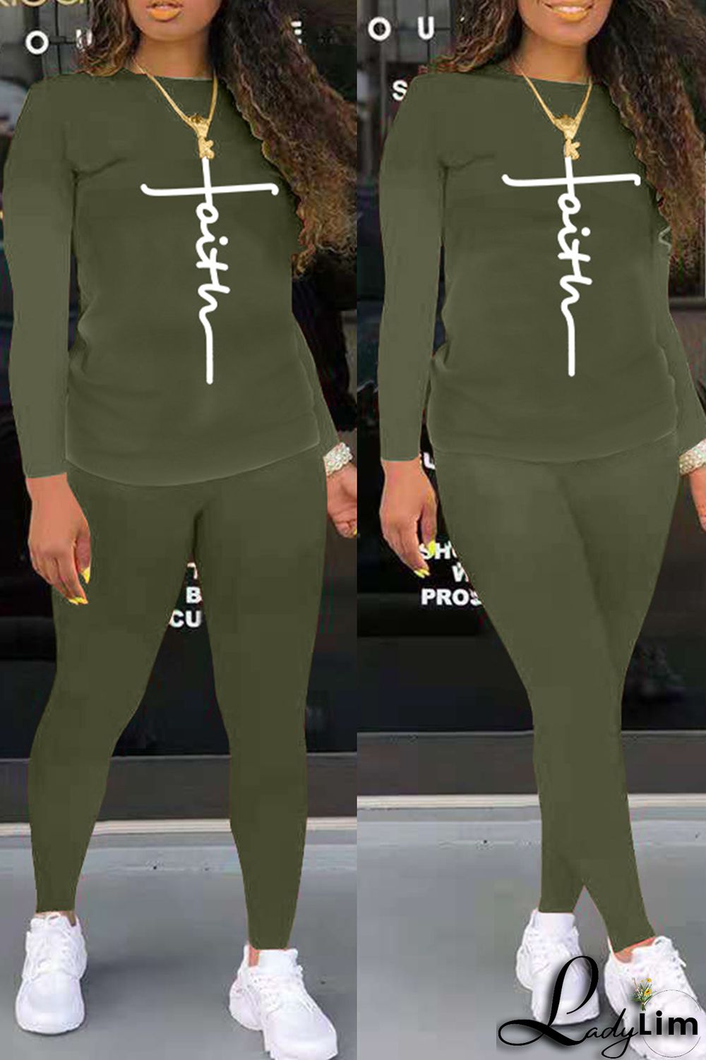 Grey Fashion Casual Print Basic O Neck Long Sleeve Two Pieces