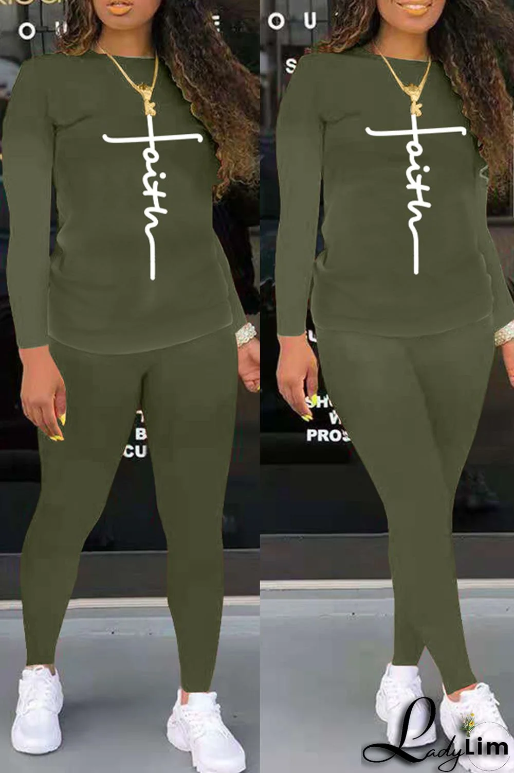 Grey Fashion Casual Print Basic O Neck Long Sleeve Two Pieces