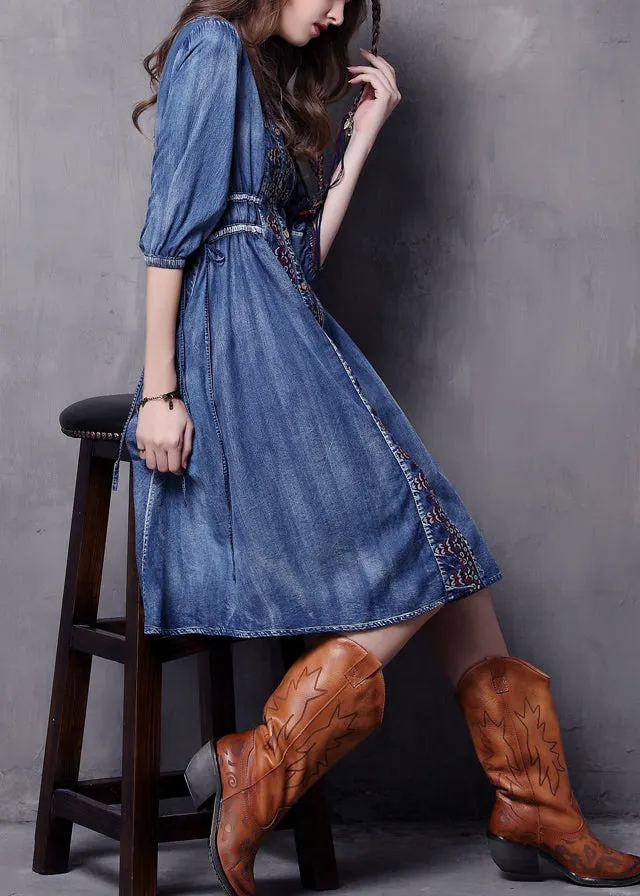 Beautiful Blue V Neck Embroidered Cotton Vacation Denim Dresses Half Sleeve