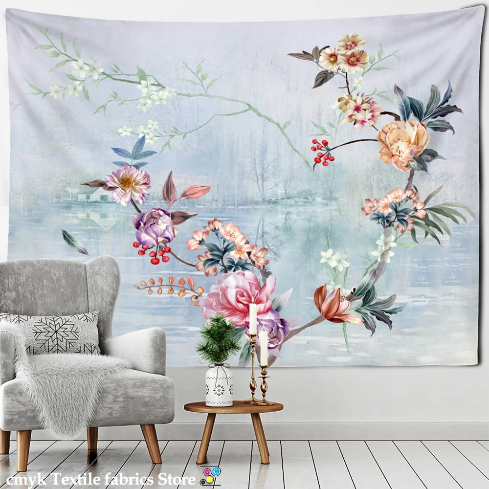 Ink Flower And Bird Painting Tapestry Wall Hanging Bohemian Style Psychedelic Living Room Background Cloth Home Decor