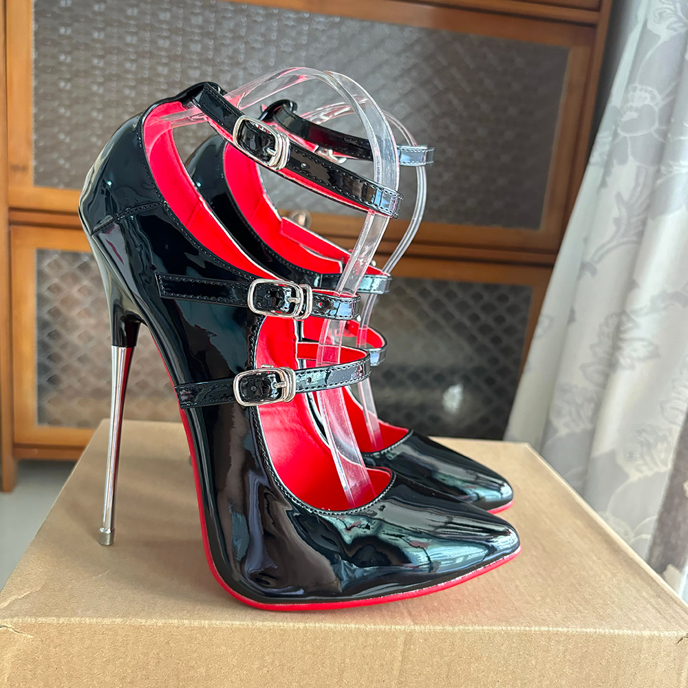 GOOSHOE 16cm Unisex High Heels Shiny Red Patent Leather Ankle Strap All Red Fetish Stilettos Instep Strap Pump