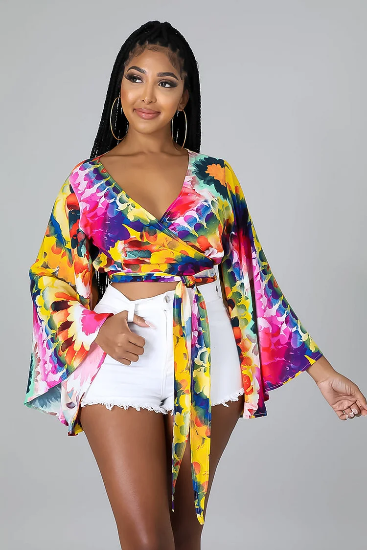 V Neck Flared Long Sleeve Multicolored Print Cropped Top